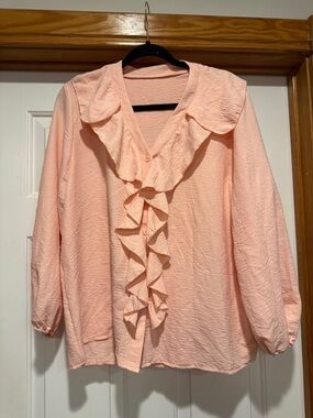 SHEIN Peach Ruffle Front Long Sleeve Blouse